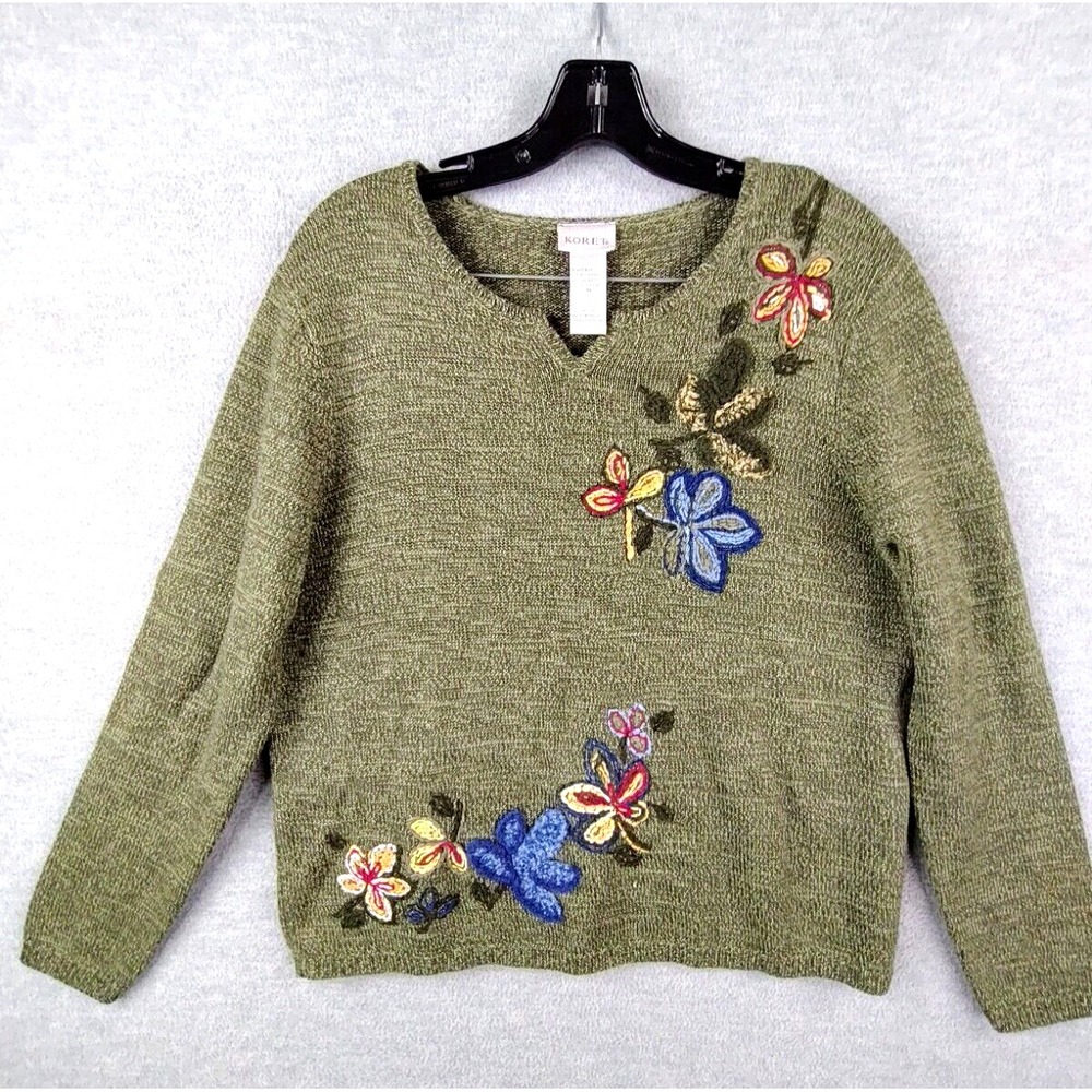 VTG Koret Womens Sweater M Green Floral Embroidered Art To Wear Cabincore Cozy